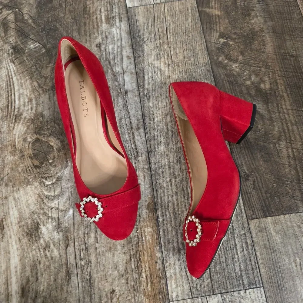 Talbots Red Suede Pumps 7.5M Jeweled Buckle Block Heel Holiday Party Office